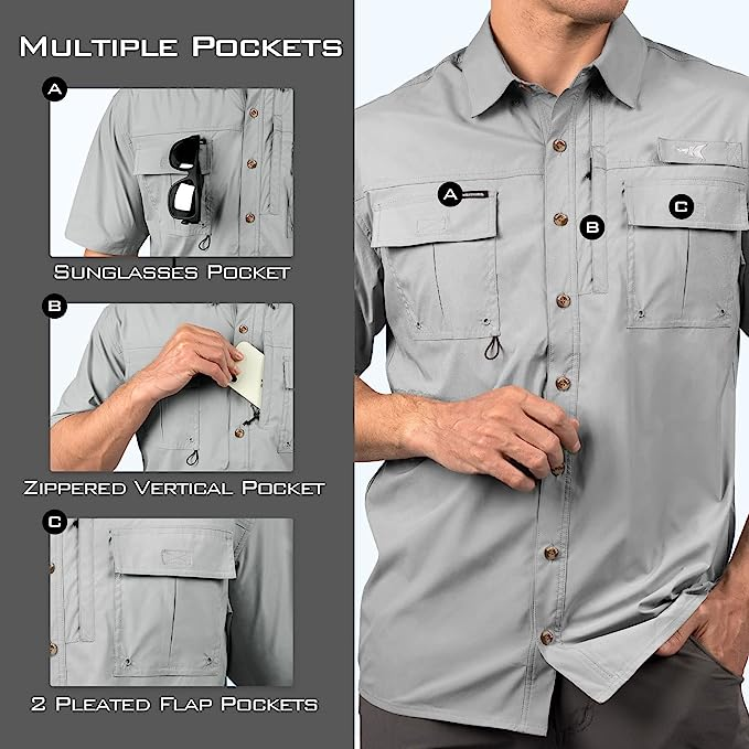 fishing shirt features including zippers and pockets 